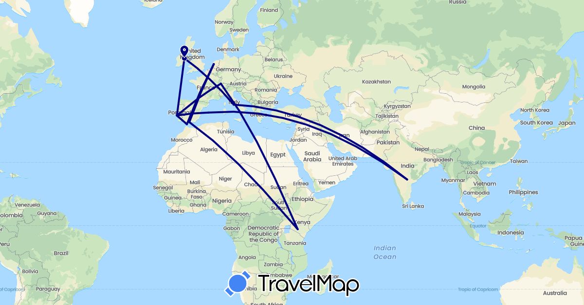 TravelMap itinerary: driving in Switzerland, Spain, Gibraltar, Ireland, India, Italy, Kenya, Netherlands, Portugal (Africa, Asia, Europe)